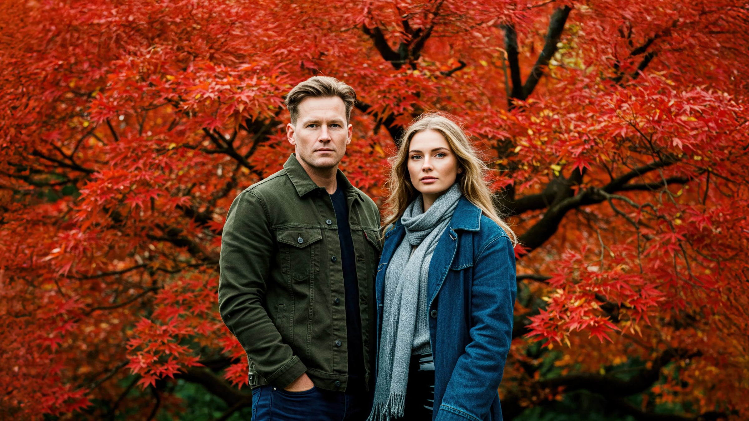 This image shows two people standing together in front of a stunning autumn backdrop. The man on the left is wearing an olive green or khaki-colored jacket over what appears to be a dark shirt, paired with jeans. He has short, styled hair and a serious, confident expression. The woman on the right is wearing a blue denim jacket over a gray scarf, with long blonde hair flowing past her shoulders. She also has a composed, direct gaze toward the camera.
Behind them is a spectacular display of Japanese maple tr